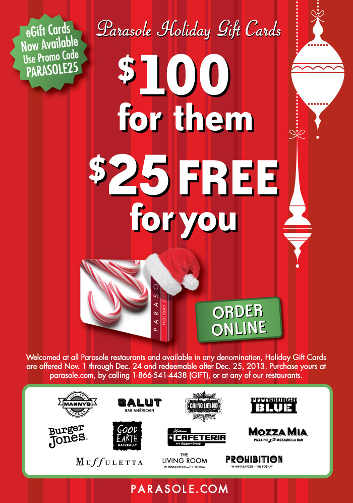 Parasole Holiday Gift Cards and eGift Cards 100 for them 25 for you